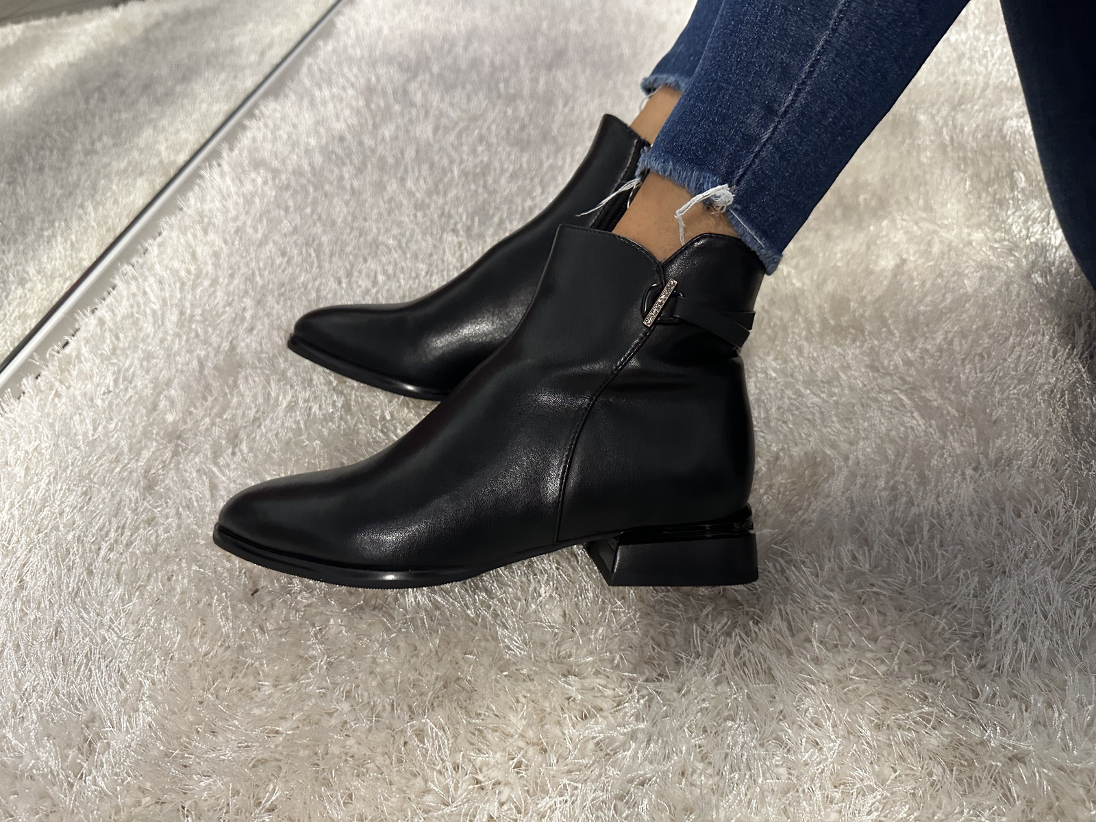 Klasyczne Botki damskie ocieplane ze skóry naturalnej czarne
