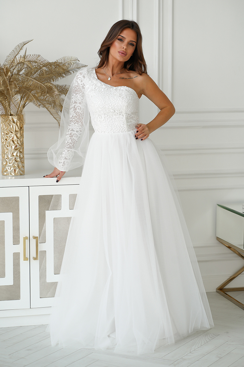 Elegancka SUKIENKA BALOWA NA JEDNO RAMIĘ Amis- : ecru