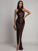 ELEGANCKA SUKIENKA MAXI Z CEKINAMI Iman BRĄZOWA