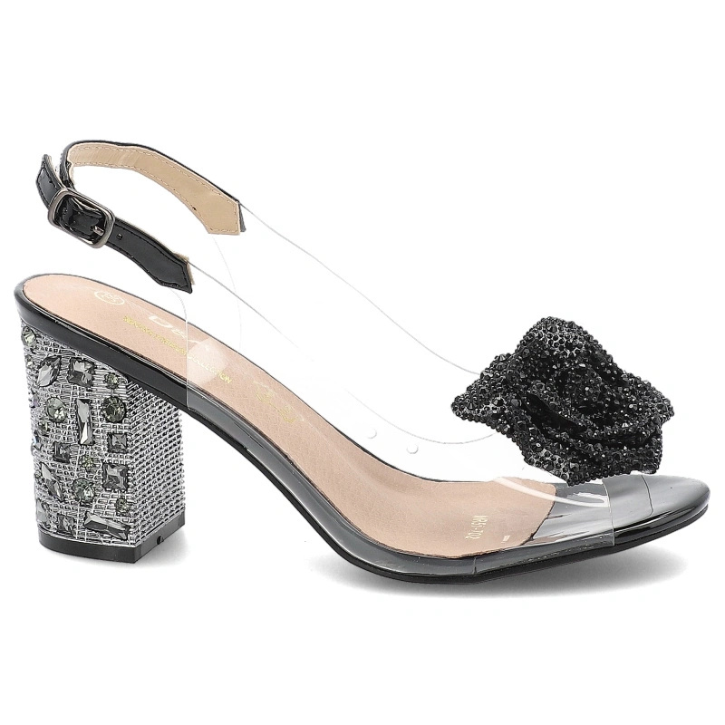 Sandały damskie na wysokim obcasie z ozdobą eleganckie ze sprzączką transparentne-czarne