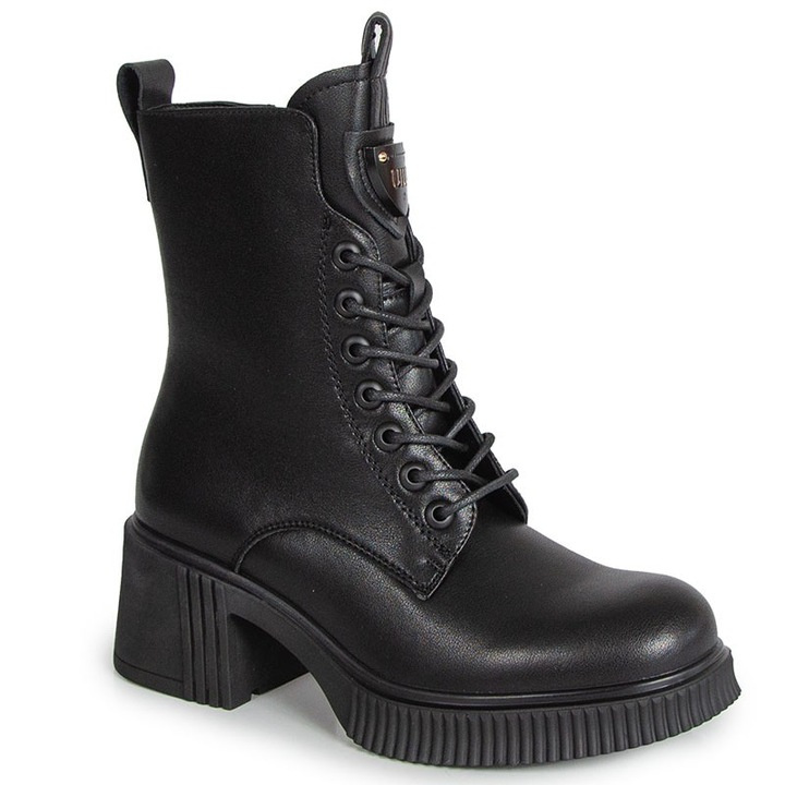 Botki damskie ze skóry naturalnej wysokie sznurowane na klocku czarne
