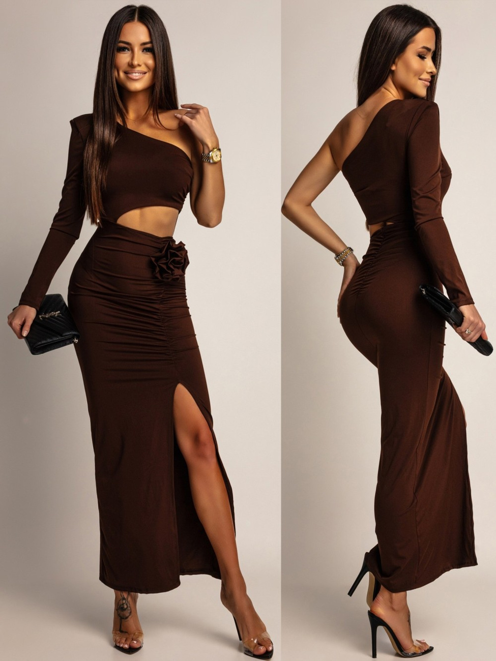 ELEGANCKA SUKIENKA MAXI NA JEDNO RAMIĘ DONNA czekolada