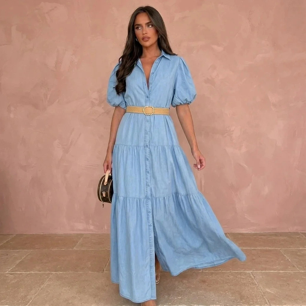 Sukienka Jeansowa Maxi Koszulowa Rozkloszowana Bufiaste Rękawy Denim Lato