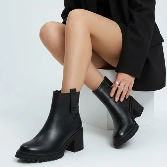 Botki damskie na obcasie ze skóry naturalnej czarne