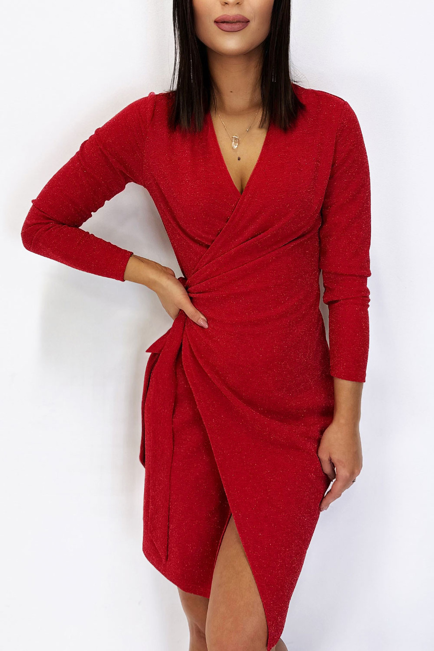 Połyskująca Zakładana  Isla Czerwona Klasyczna Mini Sukienka Z Długim Rękawem
