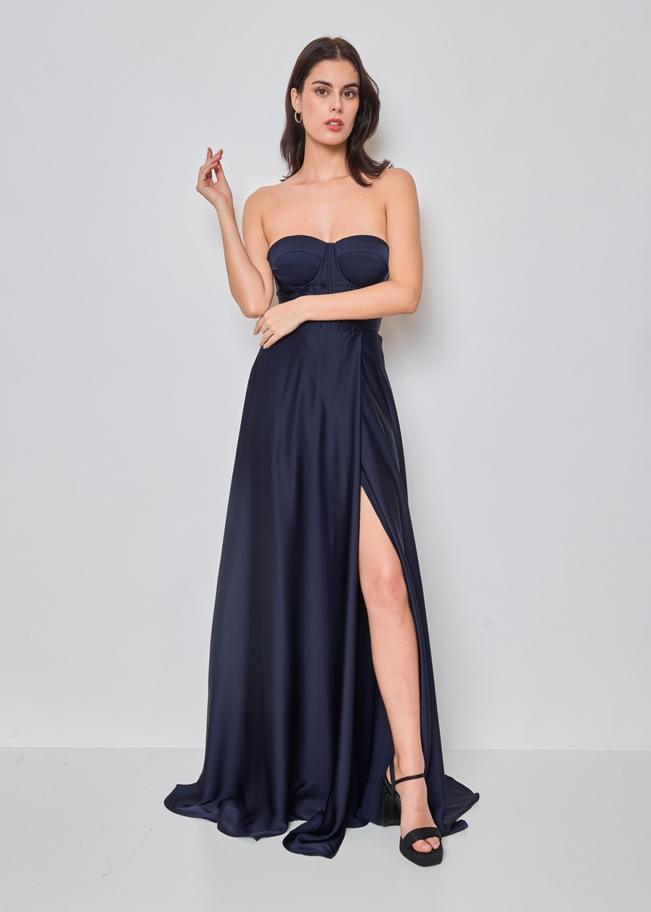 Elegancka  MAXI Sukienka satynowa EMMA granatowa