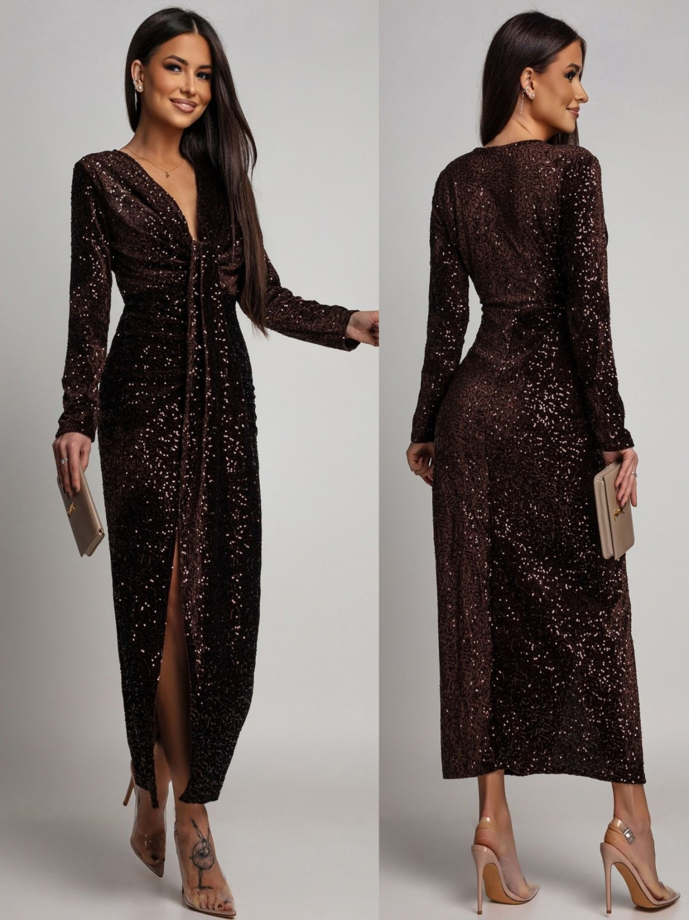 Elegancka Maxi Sukienka Cekinowa Wiola z długim rękawem czekoladowa