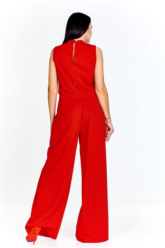 Elegancki kombinezon z dekoltem w serek i ozdobnym wiązaniem oraz szerokimi nogawkami