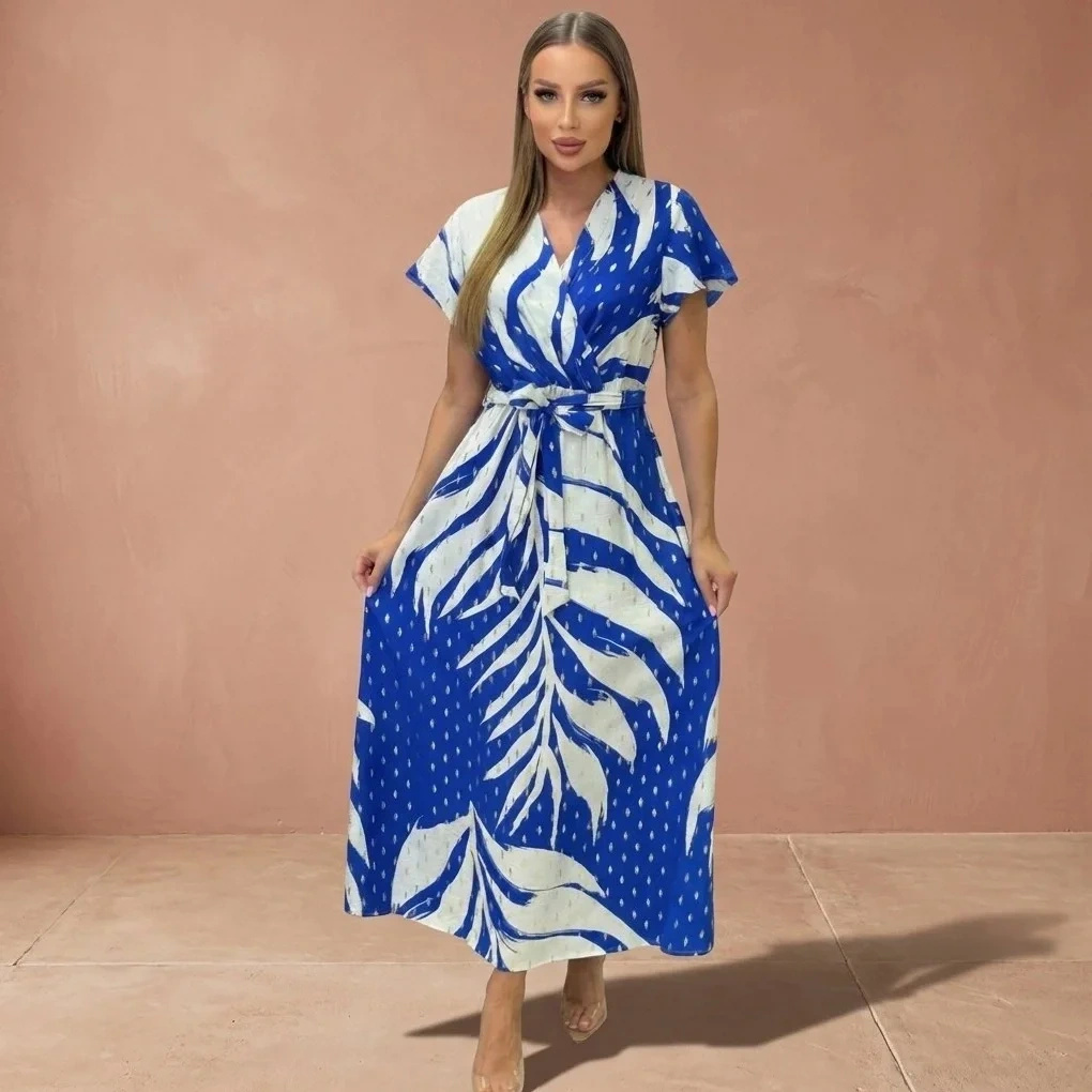 Sukienka midi letnia chabrowa palmowy wzór wiązanie kopertowa sklep internetowy