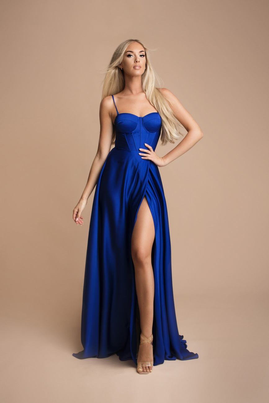 Elegancka MAXI Sukienka satynowa EMMA -chabrowy