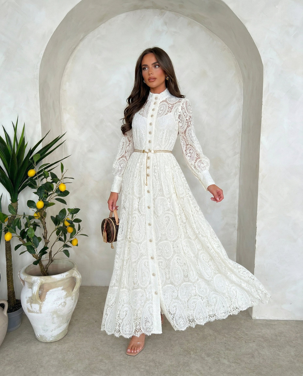 Sukienka koronkowa ecru maxi elegancka na wesele komunię z długim rękawem LACEWAVE