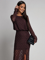 Dopasowana sukienka koronkowa z długim rękawem Makena czekoladowa