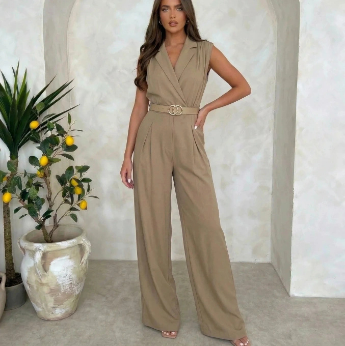 Kombinezon damski elegancki beżowy z kołnierzem paskiem szerokie nogawki GRACE