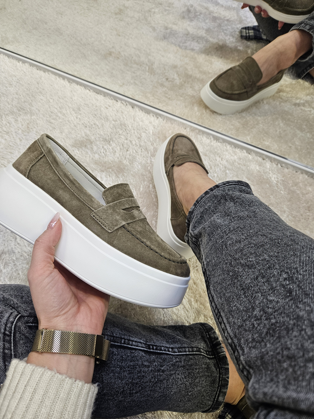 Mokasyny damskie na platformie ze skóry naturalnej khaki