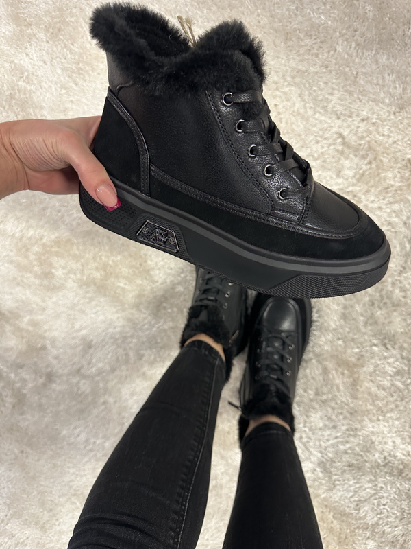 Botki damskie sneakersy ocieplane ze skóry naturalnej czarne