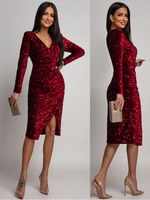 Elegancka Midi Sukienka z dugim rękawem cekinowa Rosalia bordowa