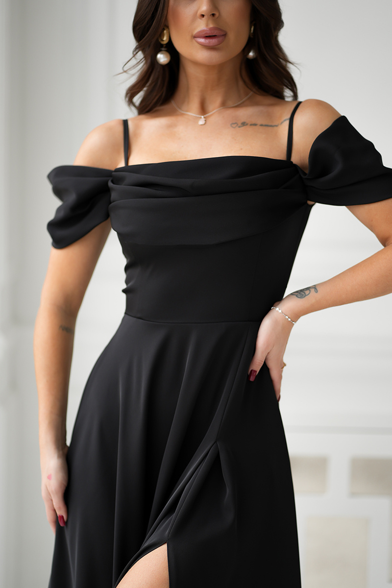 SUKIENKA MAXI Z OPADAJĄCYMI RAMIĄCZKAMI I ROZCIĘCIEM czarny