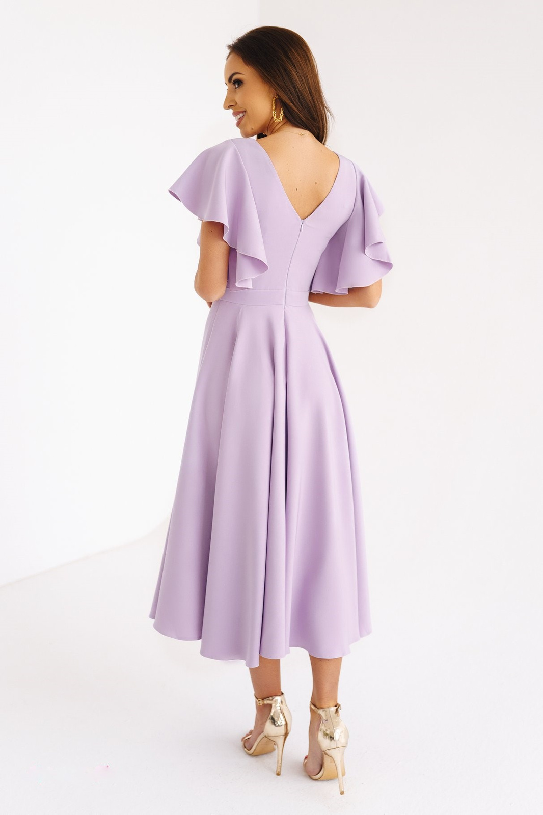 Lora - suknia z koła z falbaniastym rękawem- lila