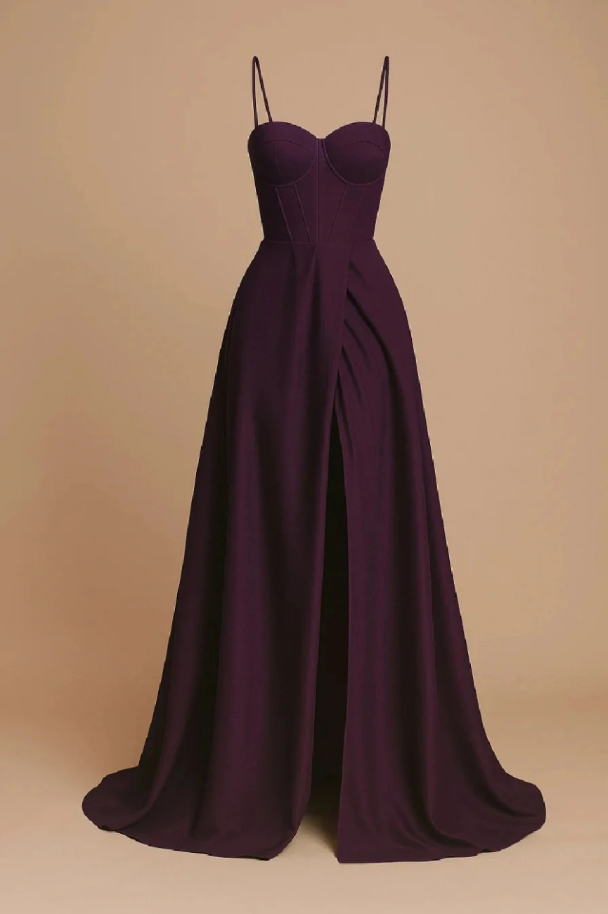 Elegancka MAXI Sukienka satynowa EMMA bakłażan