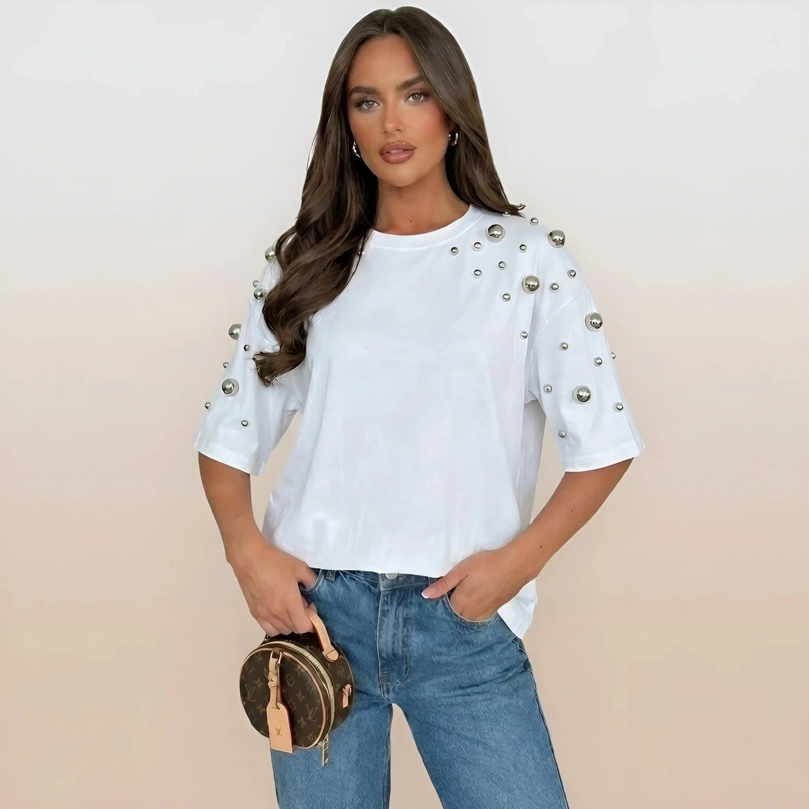 Bluzka damska biała z perłami oversize bawełniana elegancka