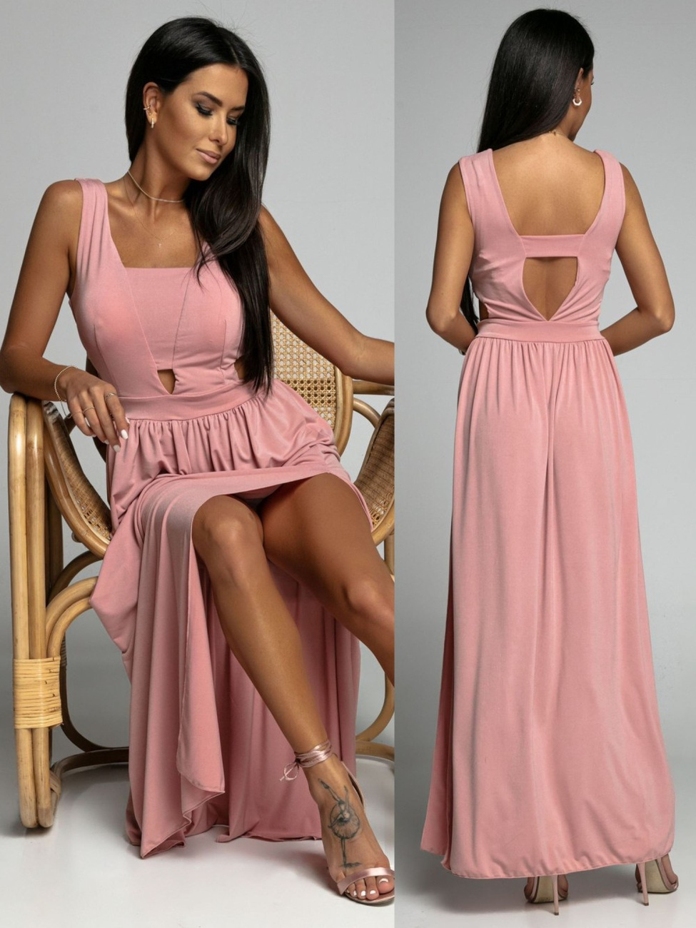 ZWIEWNA SUKIENKA MAXI Z WYCIĘCIAMI ANA- pudrowy róż