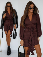 Elegancka Sukienka FLOWERS z długim rękawem czekoladowy