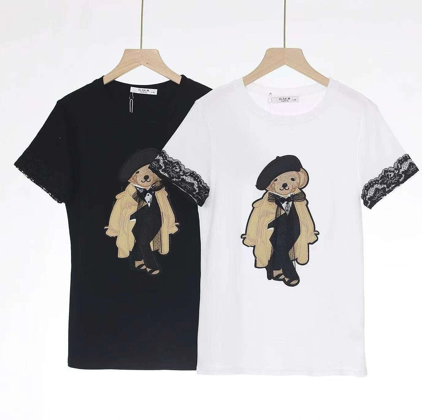 Bluzka damska z misiem koronkowe rękawy elegancka casualowa bawełniana wiosna lato