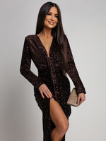 Elegancka Maxi Sukienka Cekinowa Wiola z długim rękawem czekoladowa