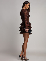 Damski kombinezon koronkowy z plisowanymi falbanami czekoladowy