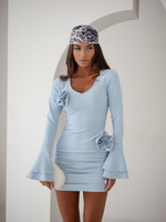 Elegancka Sukienka VENEZIA z różami i długim rękawem błękitny