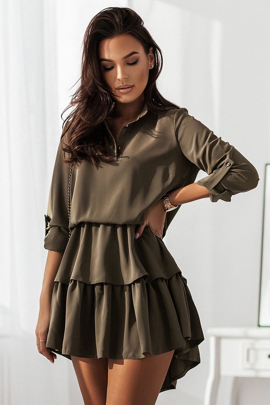  Kylie Krótka Khaki Sukienka Boho Militarna Z Falbaną Na Co Dzień
