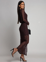 Dopasowana sukienka koronkowa z długim rękawem Makena czekoladowa