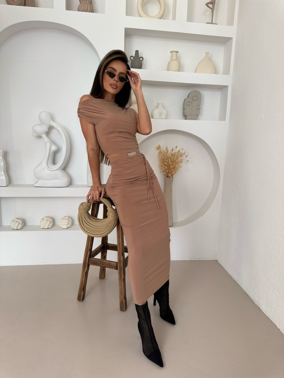 Elegancki kobiecy Komplet NUMB 2 w 1 spódnica+ top camel