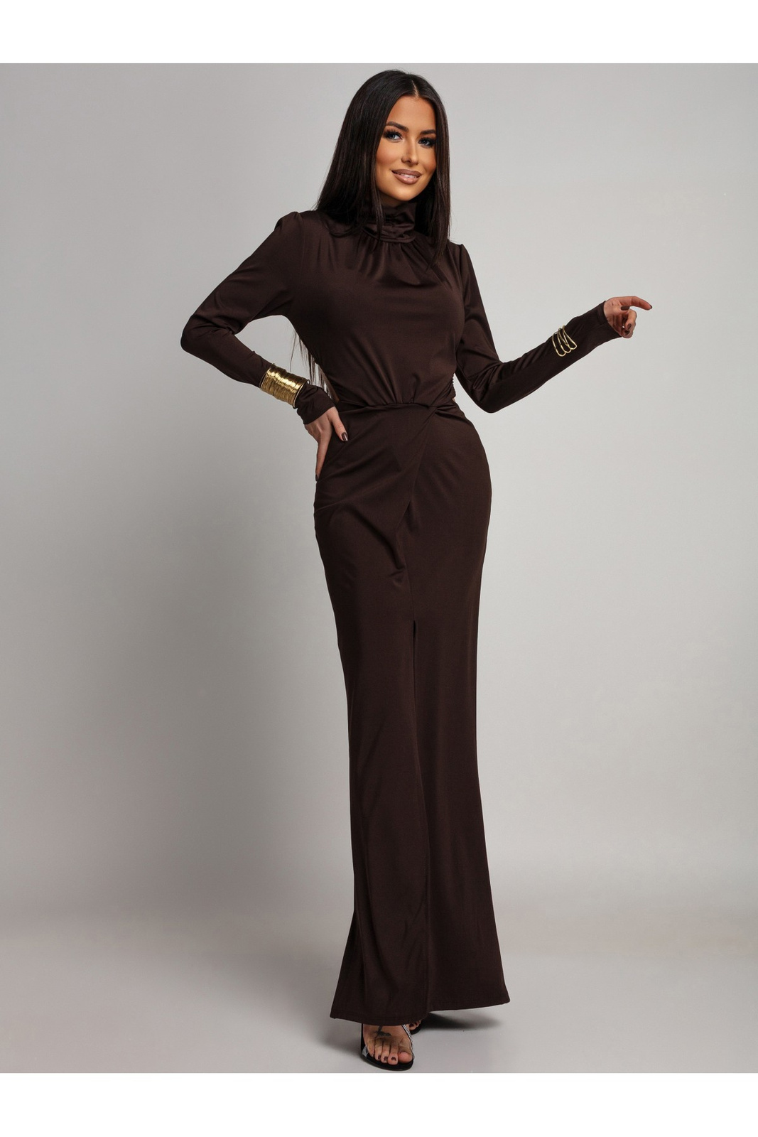 ELEGANCKA SUKIENKA MAXI Z Wycięciem Vella  czekoaldowa