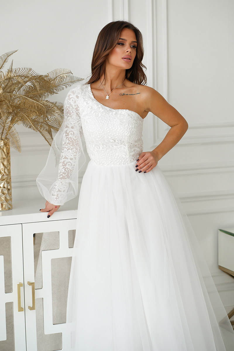 Elegancka SUKIENKA BALOWA NA JEDNO RAMIĘ Amis- : ecru