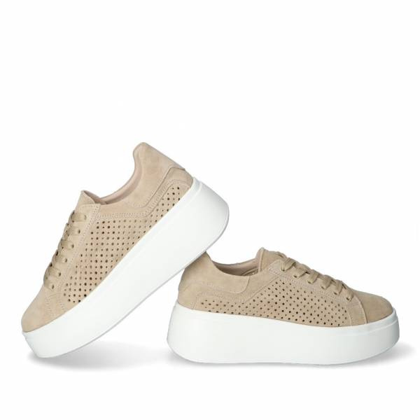 Beżowe skórzaneażurowe  półbuty damskie na platformie