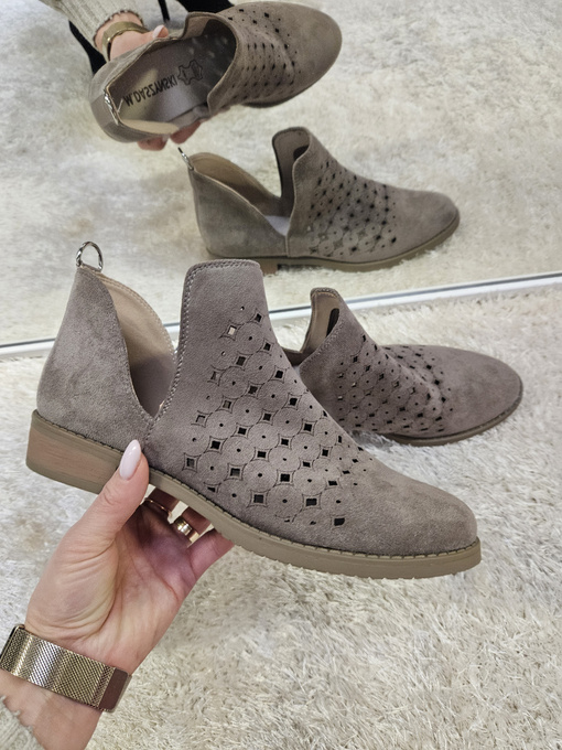 Brązowe ażurowe pólbuty  botki damskie na obcasie