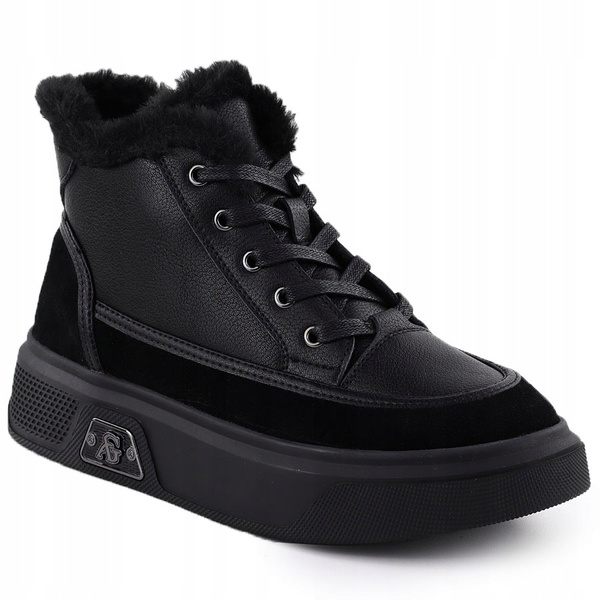 Botki damskie sneakersy ocieplane ze skóry naturalnej czarne