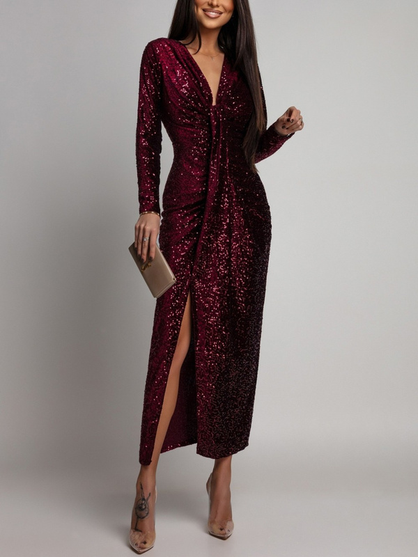 Elegancka Maxi Sukienka Cekinowa Wiola z długim rękawem bordowa