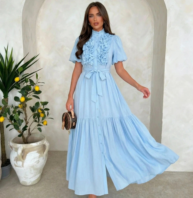 Sukienka maxi błękitna zwiewna z falbanami elegancka na wesele komunię lato