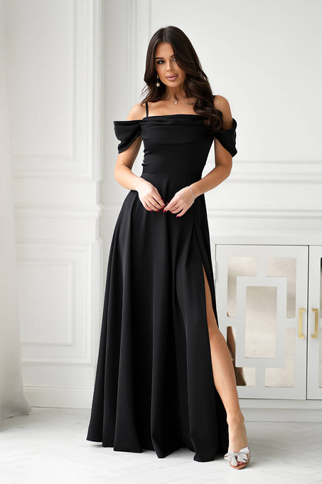 SUKIENKA MAXI Z OPADAJĄCYMI RAMIĄCZKAMI I ROZCIĘCIEM czarny