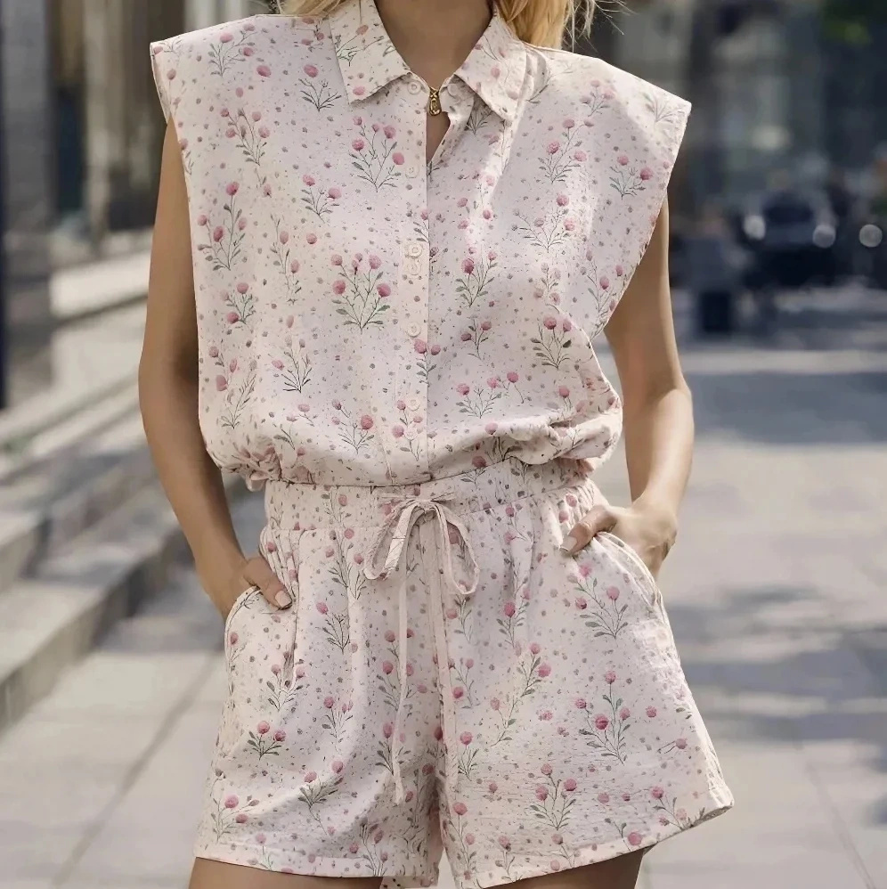 Komplet damski letni różowy kwiatowy koszula spodenki zestaw dwuczęściowy