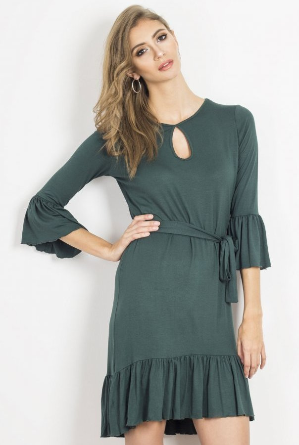  Shira Zielona Mini Sukienka Rozkloszowana Z Falbaną Do Pracy
