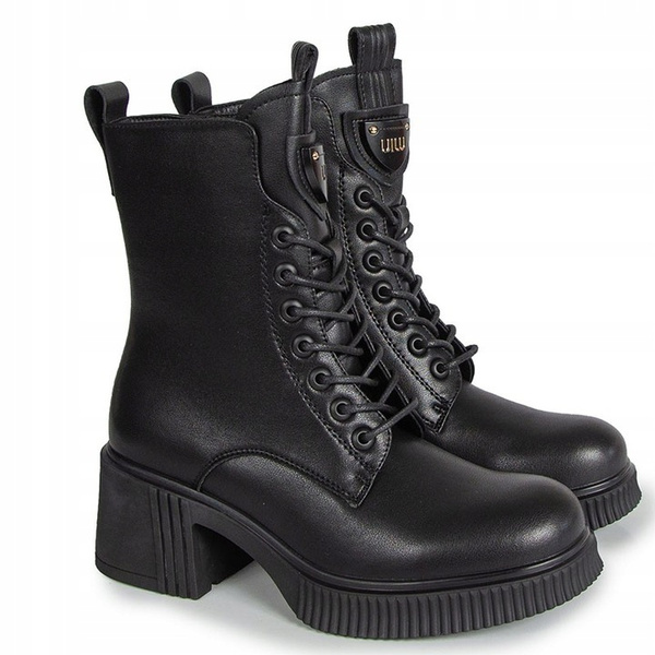 Botki damskie ze skóry naturalnej wysokie sznurowane na klocku czarne