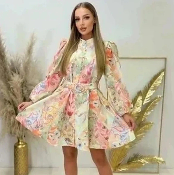 Sukienka Rozkloszowana Kwiatowy Print Bufiaste Rękawy Pasek Midi Wiosna Lato
