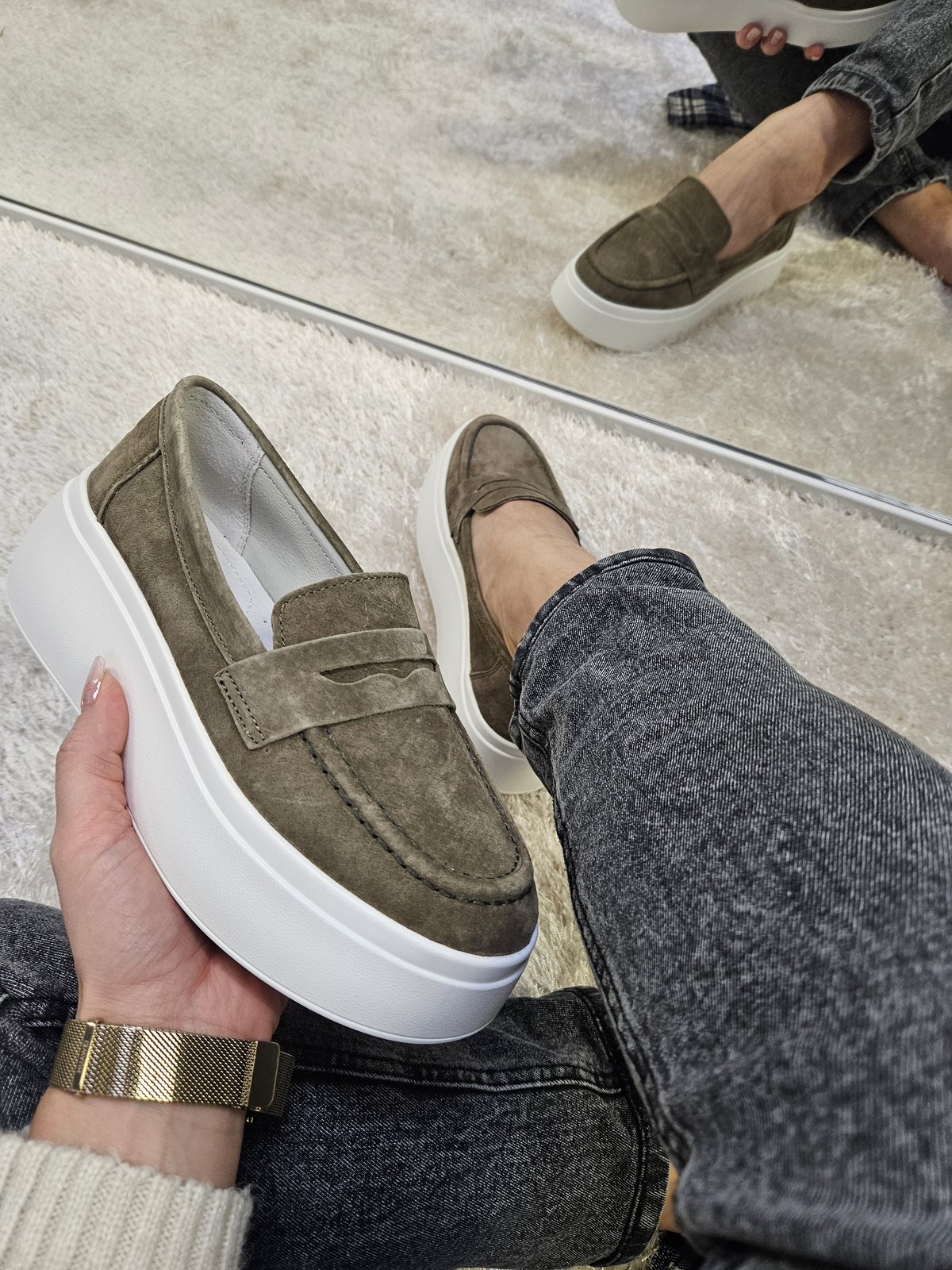 Mokasyny damskie na platformie ze skóry naturalnej khaki