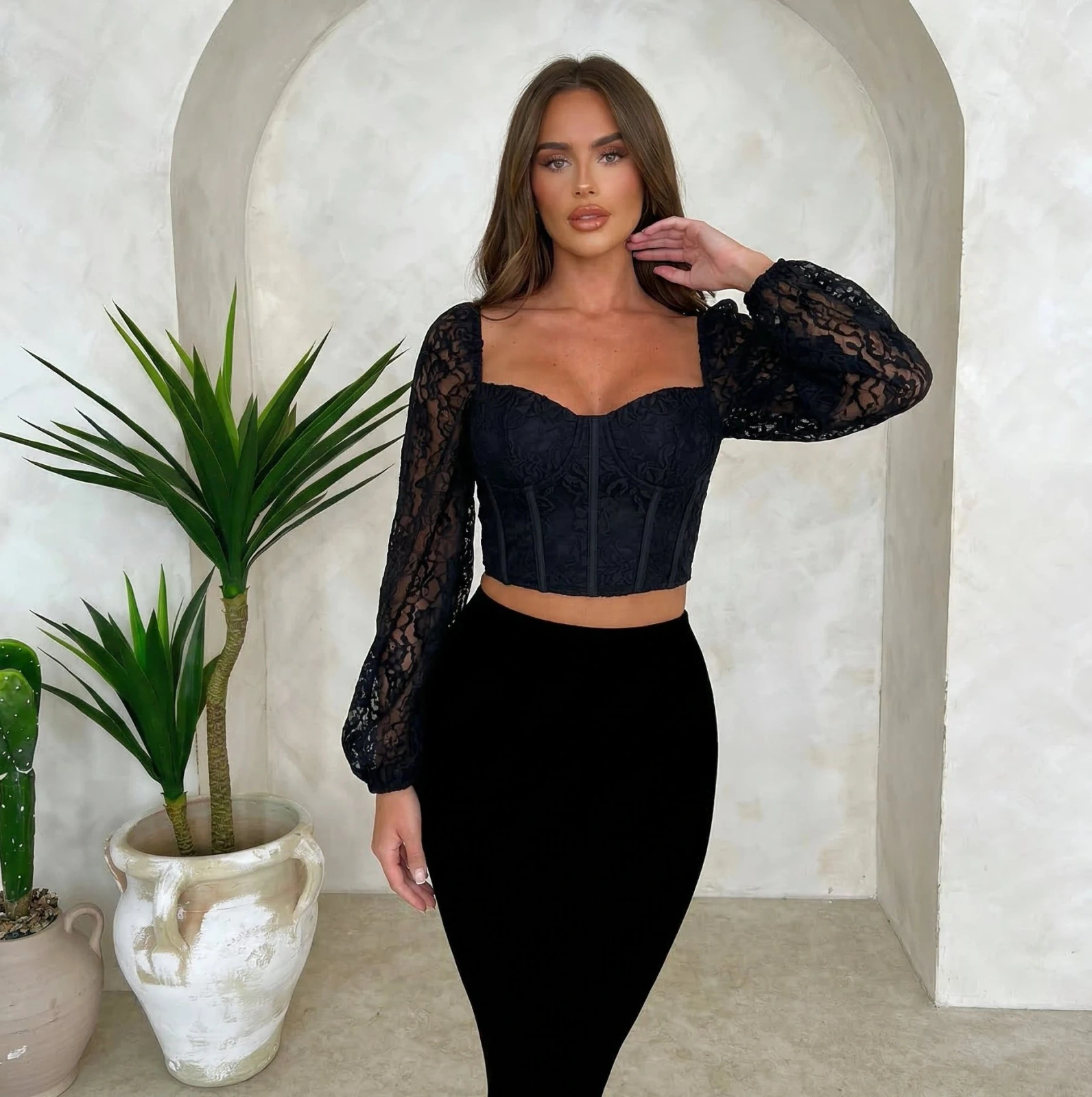 Bluzka Koronkowa Damska Czarna Gorsetowa Bufiaste Rękawy Elegancka ORBITA