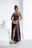 ELEGANCKA SUKIENKA MAXI Satynowa Nel- czekoladowy