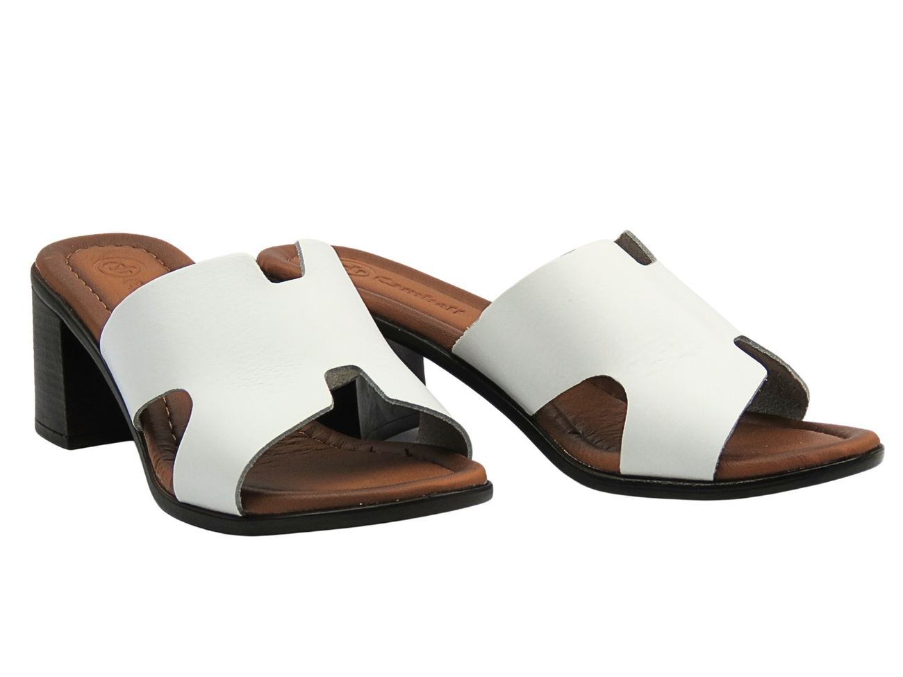 Klapki damskie na obcasie ze skóry naturalnej Olivia białe