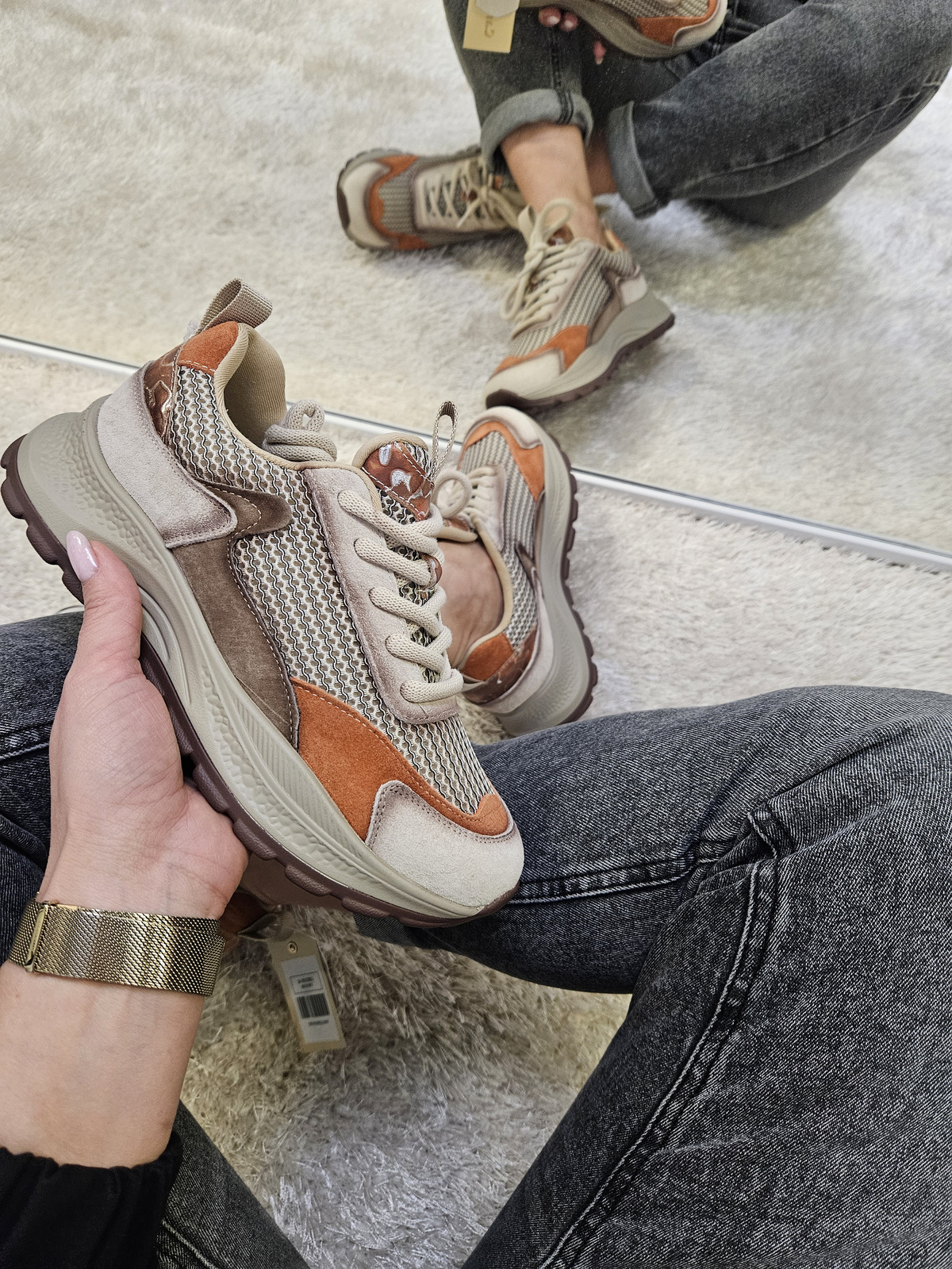 BEŻOWE SKÓRZANE SNEAKERSY półbuty damskie